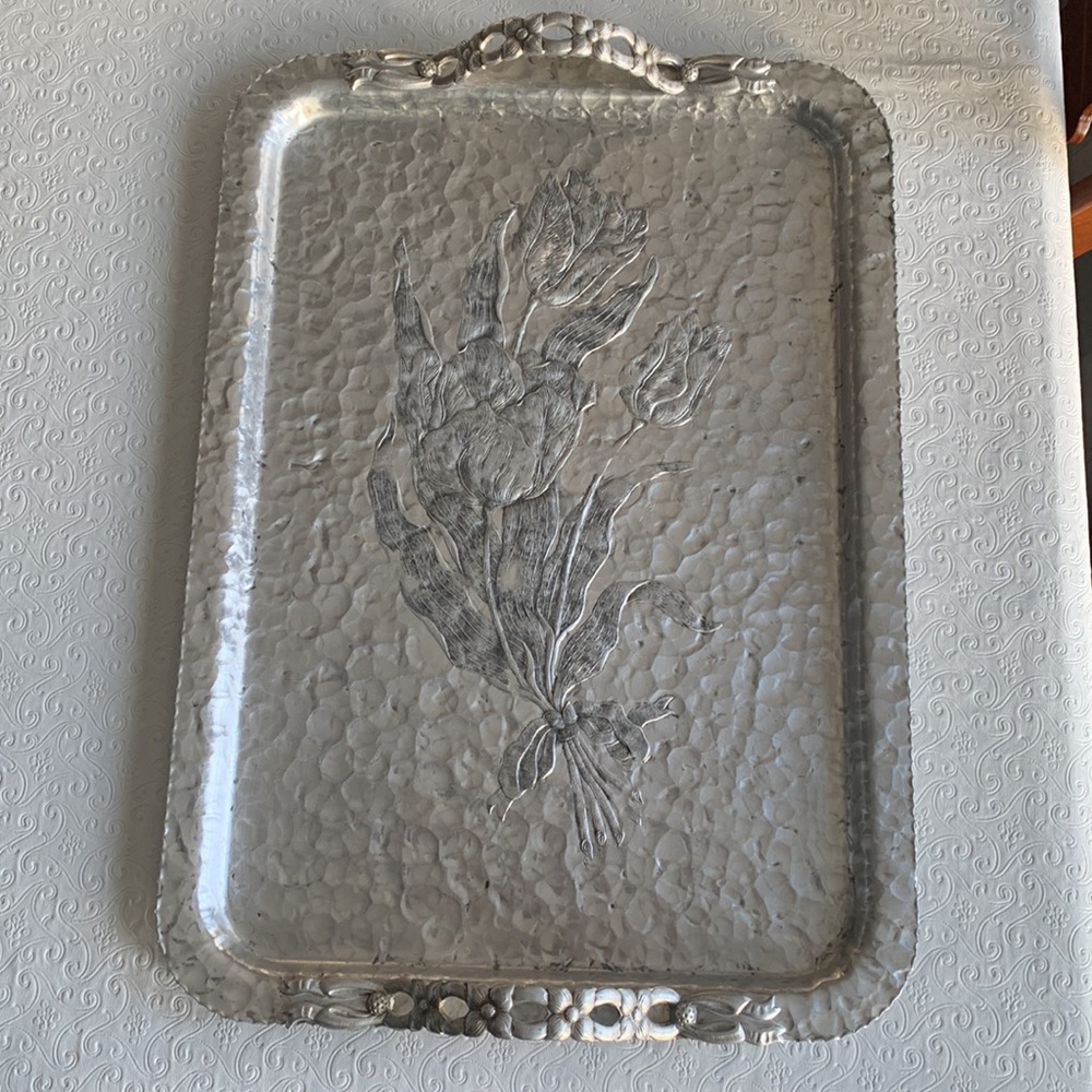 Vintage Rodney Kent Hammered Aluminum Tulip Tray with Serving Handles